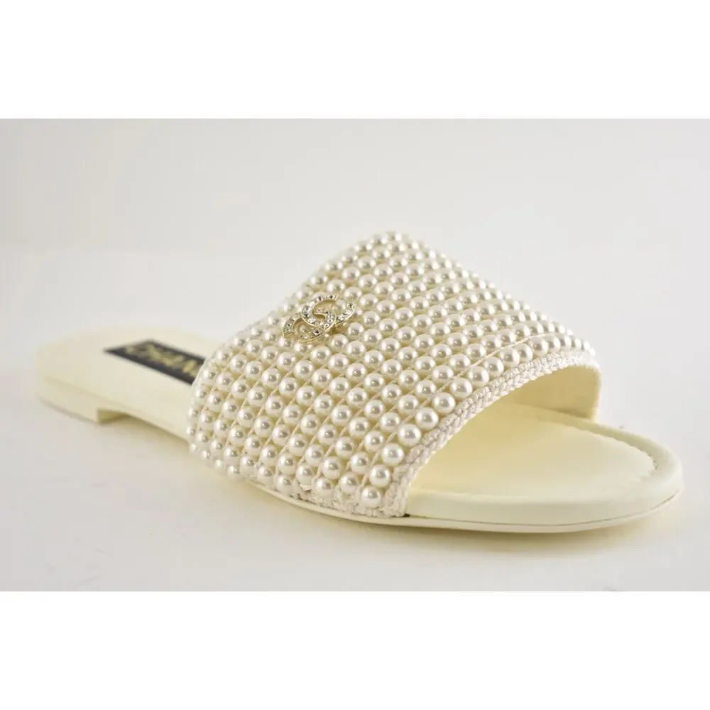 Chanel 25P Ivory White Pearl Embroidery CC Logo Slide Slip Sandal Mule Flat 36.5